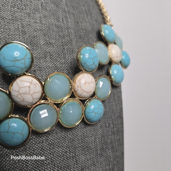 Turquoise Howlite & Aqua Statement Bib Necklace – Gold-Tone Chain - Picture 5 of 8